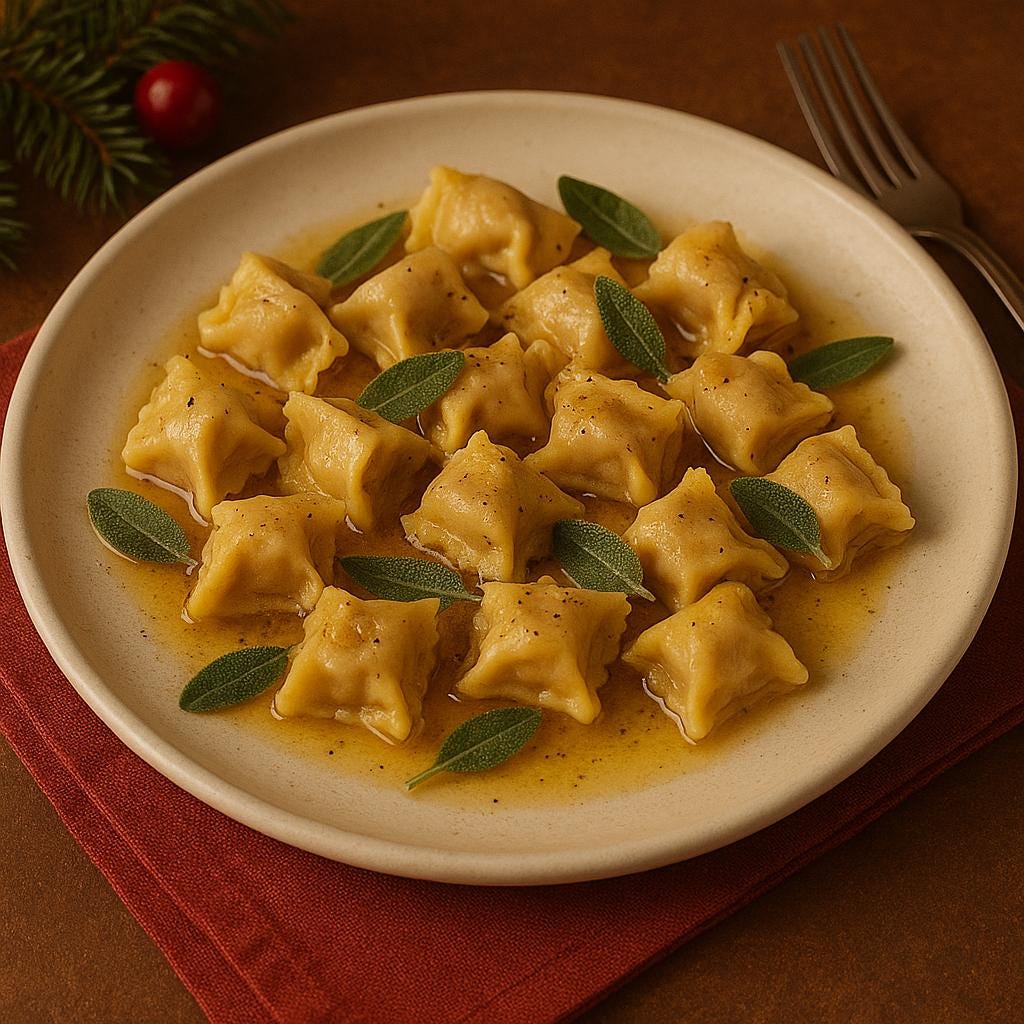 Agnolotti del Plin – Massa do Piemonte recheada com carnes e servida com manteiga e sálvia