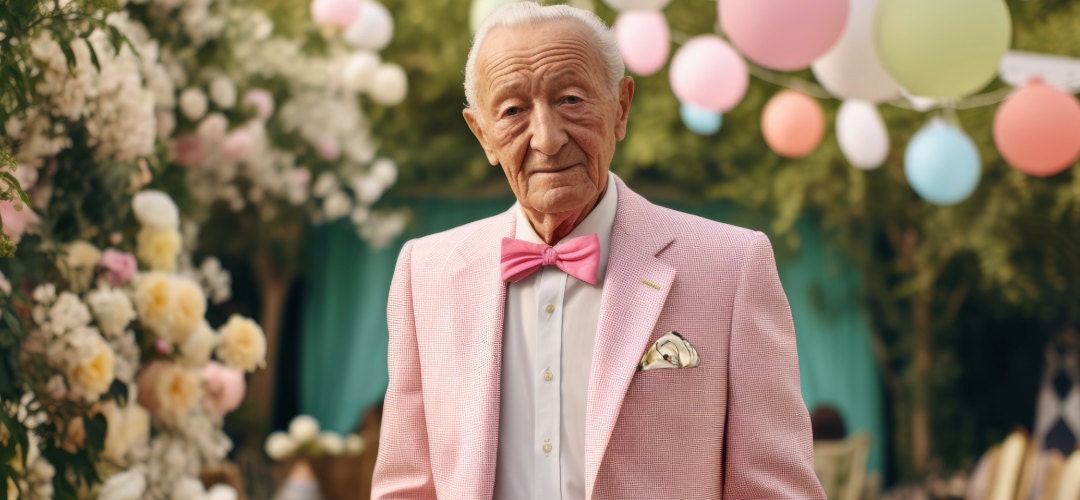 Man wearing pink suit and Pocket Square