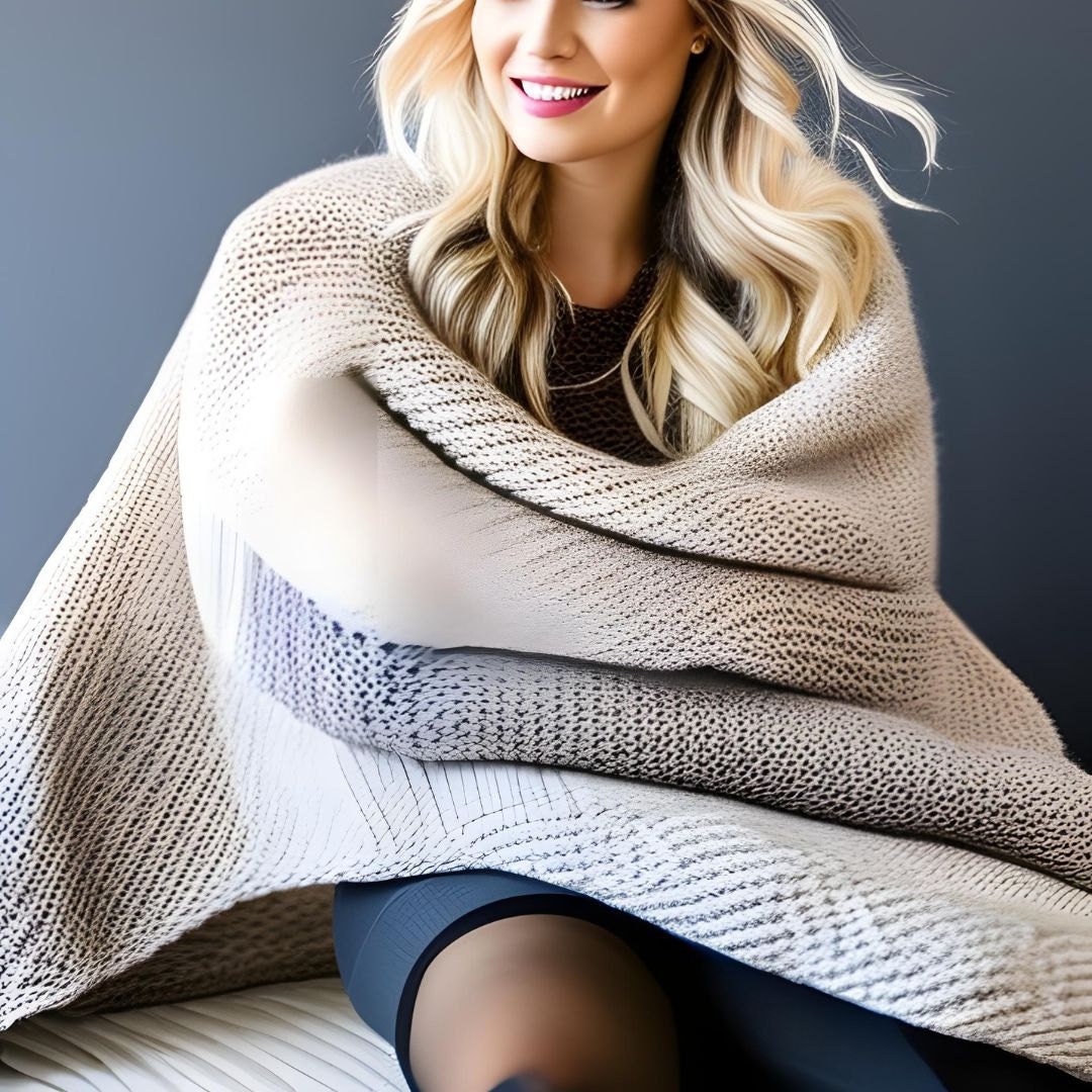 woman wrapped in knitted blanket by saigefyre