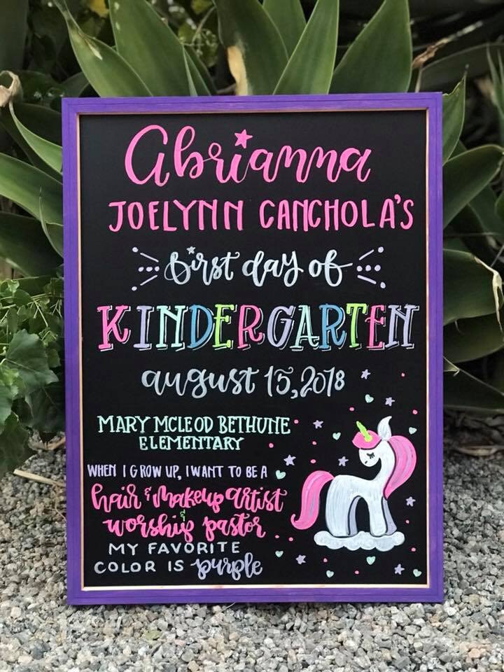 17x23 chalkbord saying Abriannas first day of kindergarten with unicorn theme