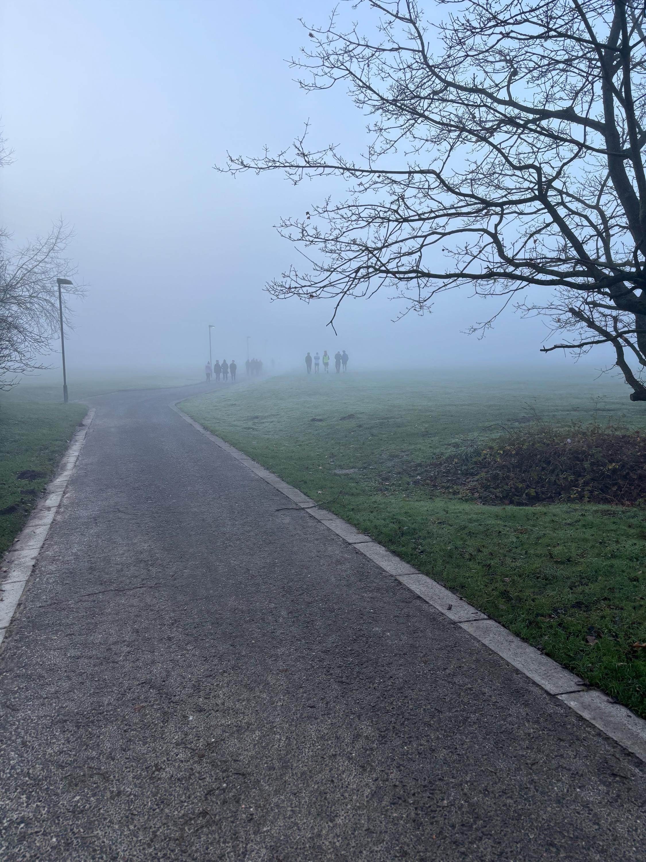 A mist covered path with a field and tree either side. People are just visible in the far distance