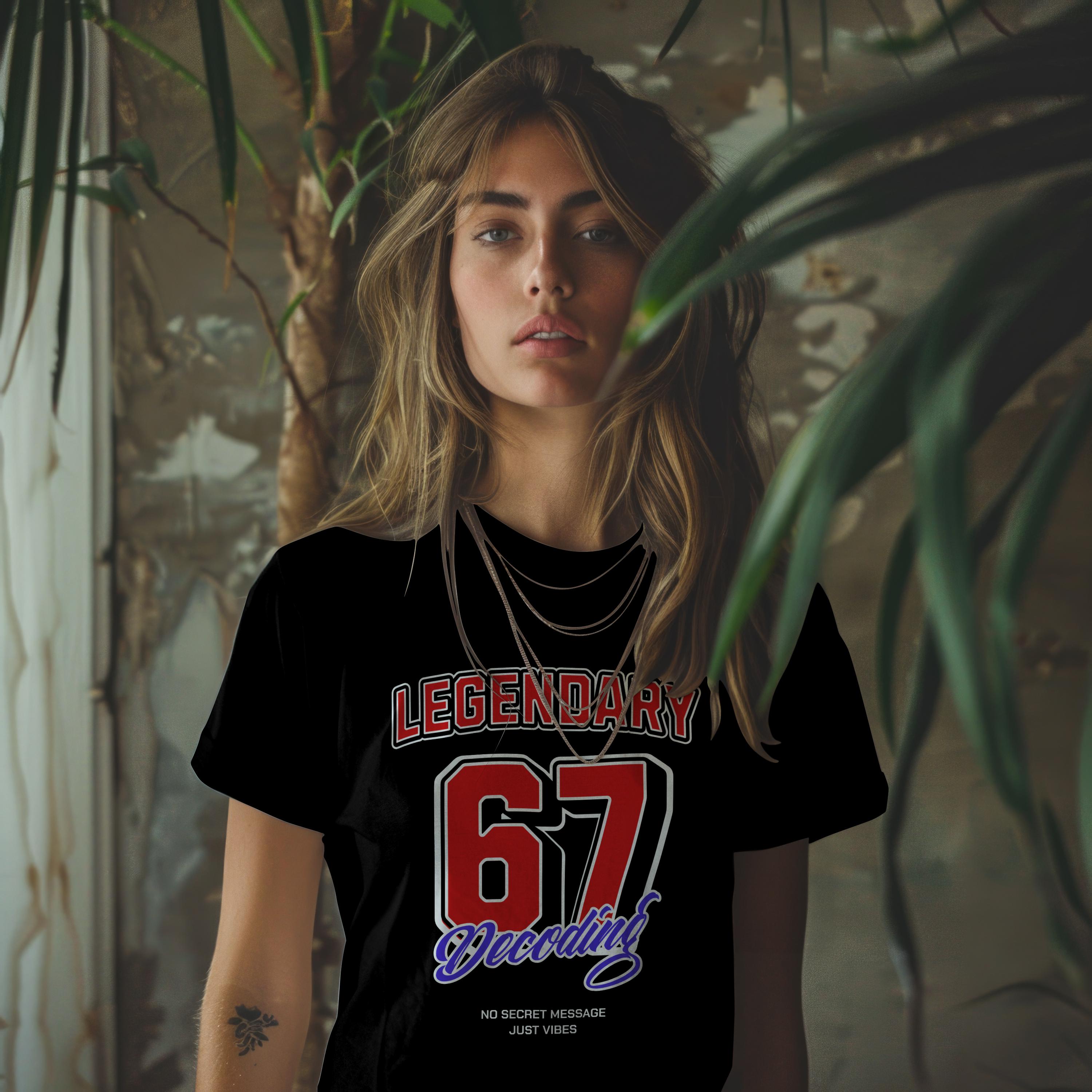 A woman hiding behind plants in a black shirt with words Legendary 67 printed on it.