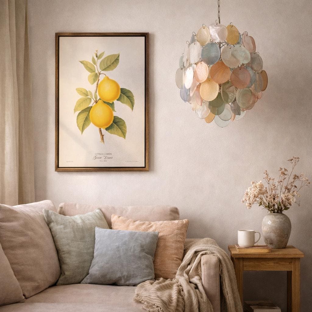 Pastel room with a botanical Lemon print on the wall