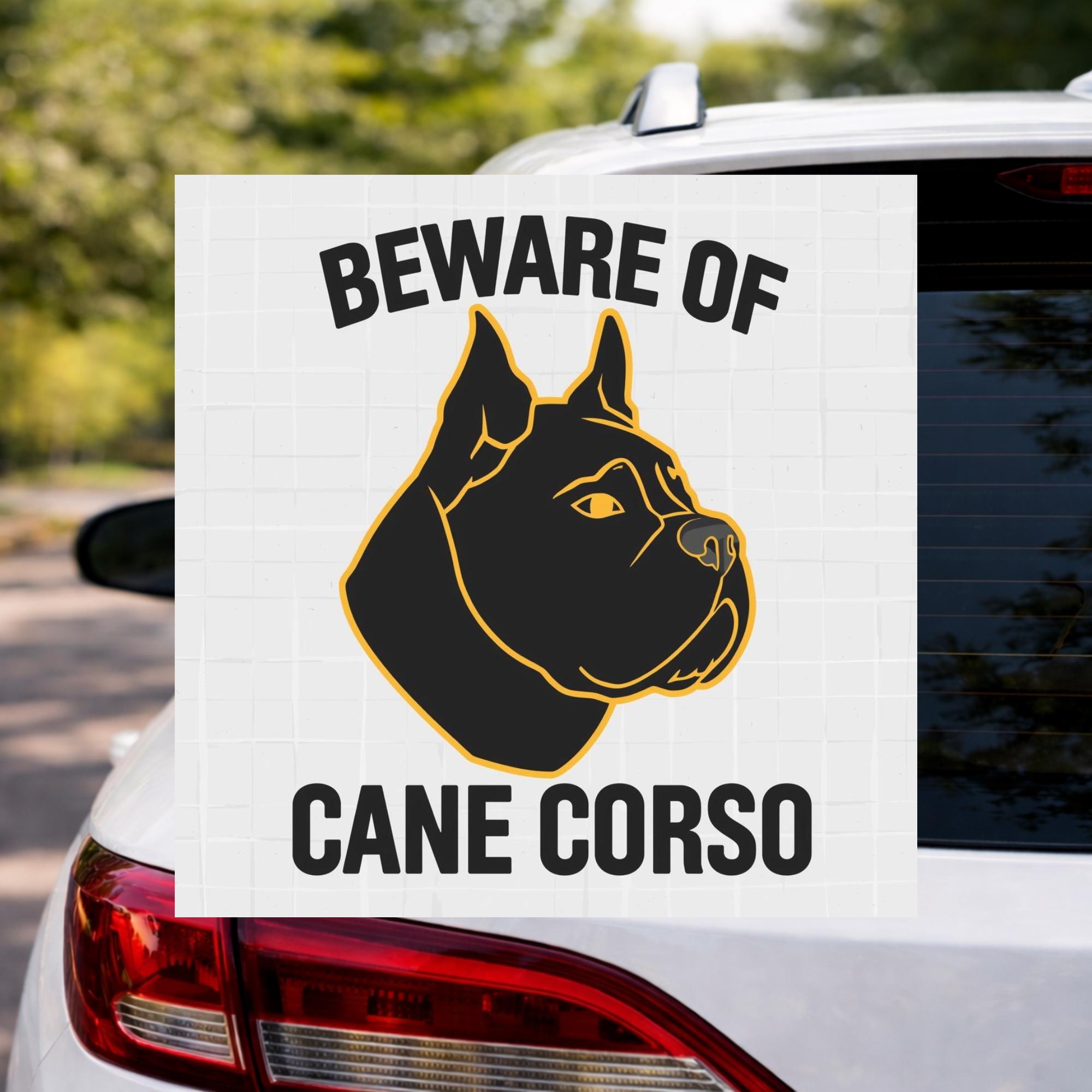 Beware Of Cane Corso guard dog warning decal displayed on rear car window with bold black and yellow protection design