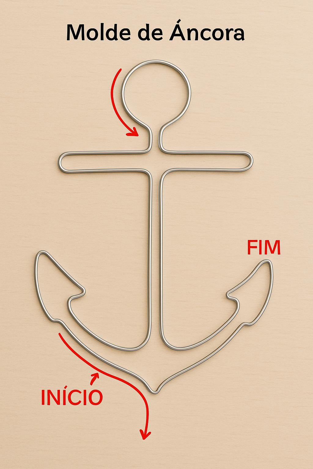 Insira o arame      Com o cordão pronto, passe o arame por dentro dele. Isso dará estrutura para moldar a âncora.      Use um arame que seja fácil de dobrar, mas que mantenha a forma.
