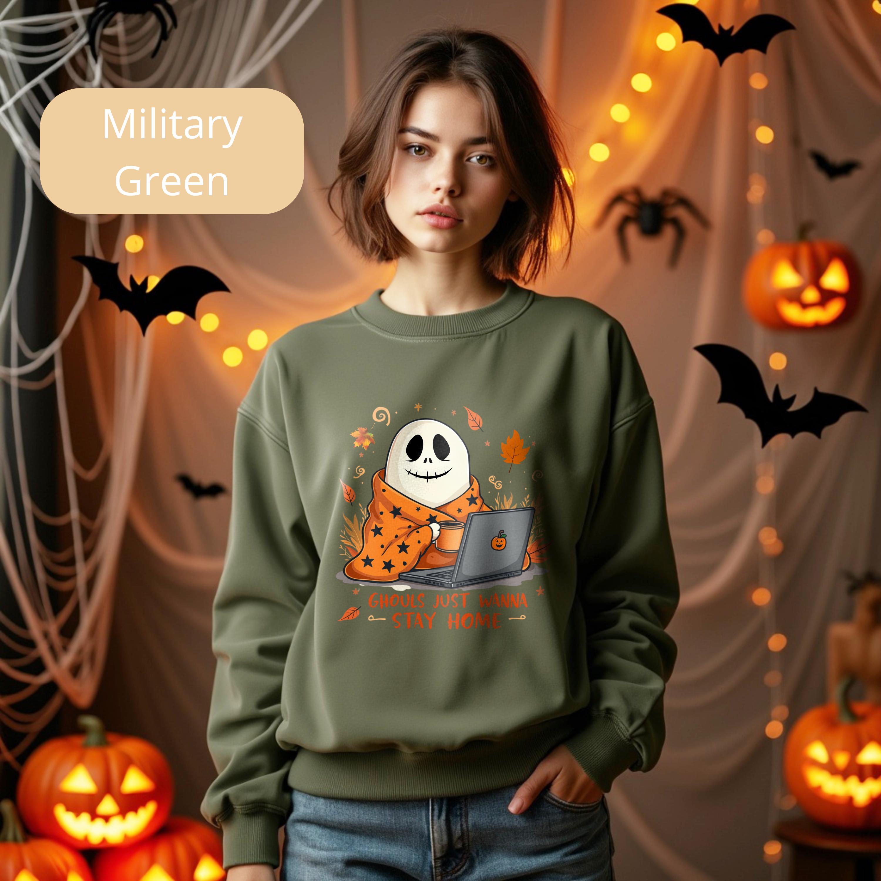 Ghouls Just Wanna Stay Home Womens Halloween Shirts, Cozy Ghost Sweatshirt, Cute Halloween Hoodie, Spooky Fall Long Sleeve