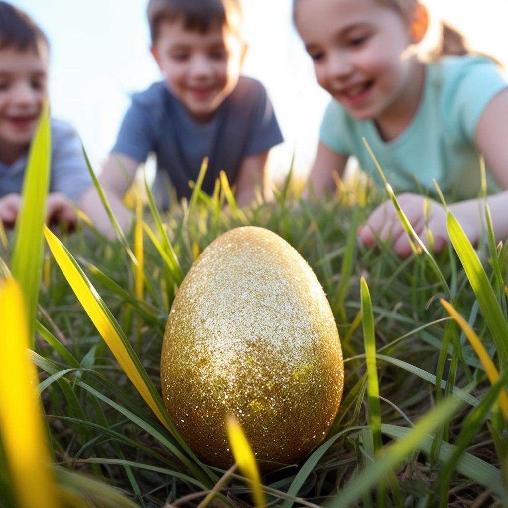Close-up of a glittery golden egg in tall grass with kids searching excitedly nearby.