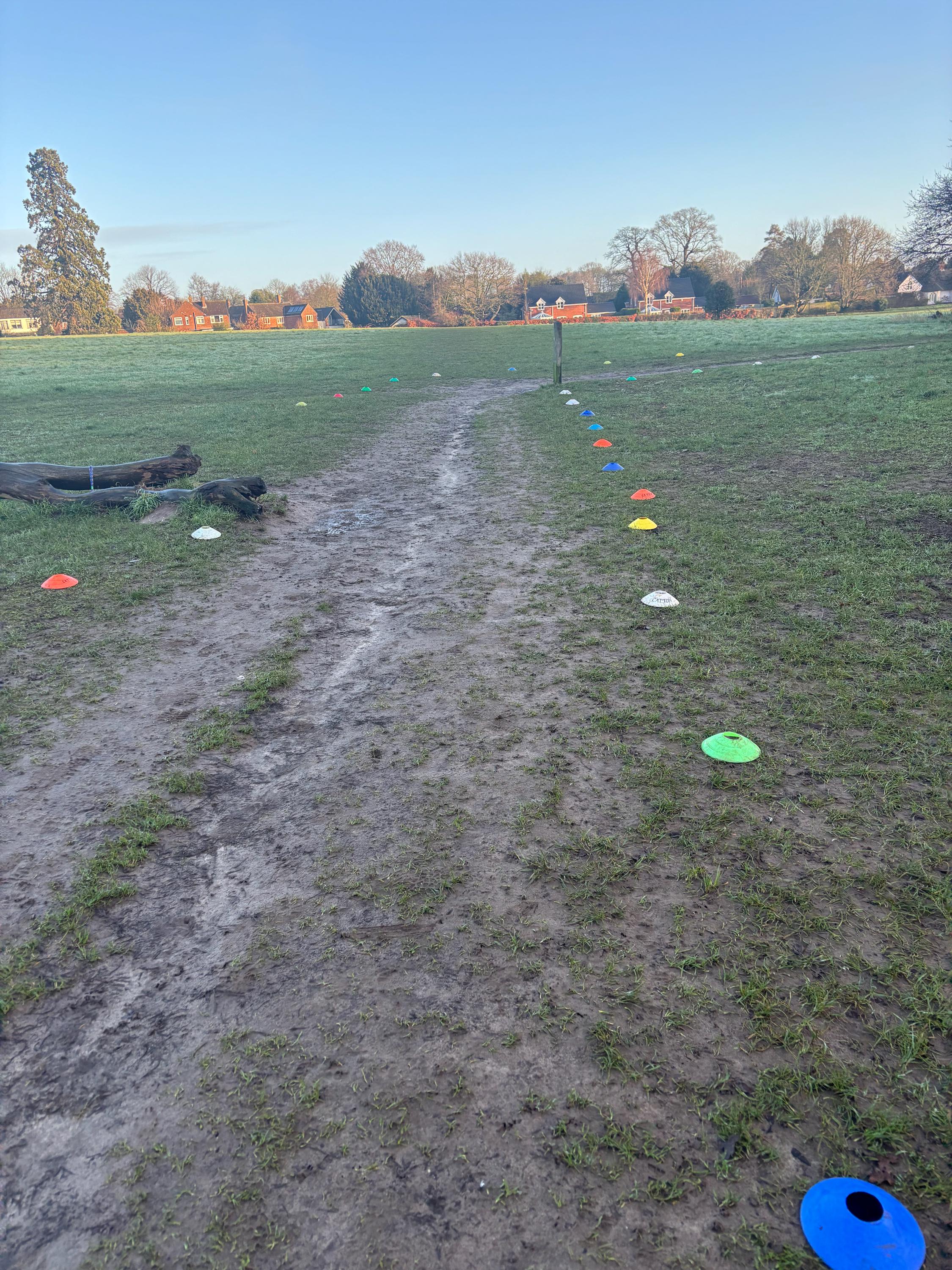 A muddy section of grass with brightly coloured cones showing a route