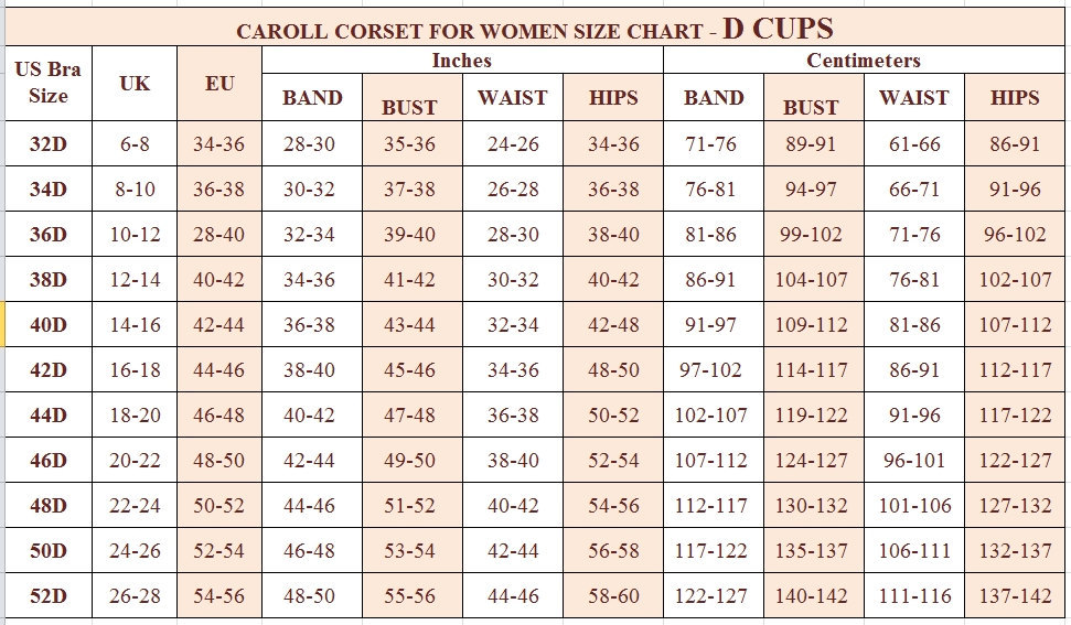 CAROLL CORSET FOR WOMEN US SIZE CHART D CUPS
