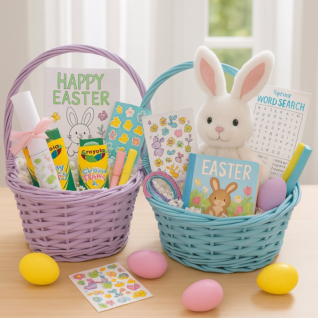Easter basket filled with rolled printable Easter games tied with pastel ribbon, surrounded by non-candy Easter basket fillers like crayons, bunny stickers, and a plush toy—perfect for trending no-candy Easter basket ideas