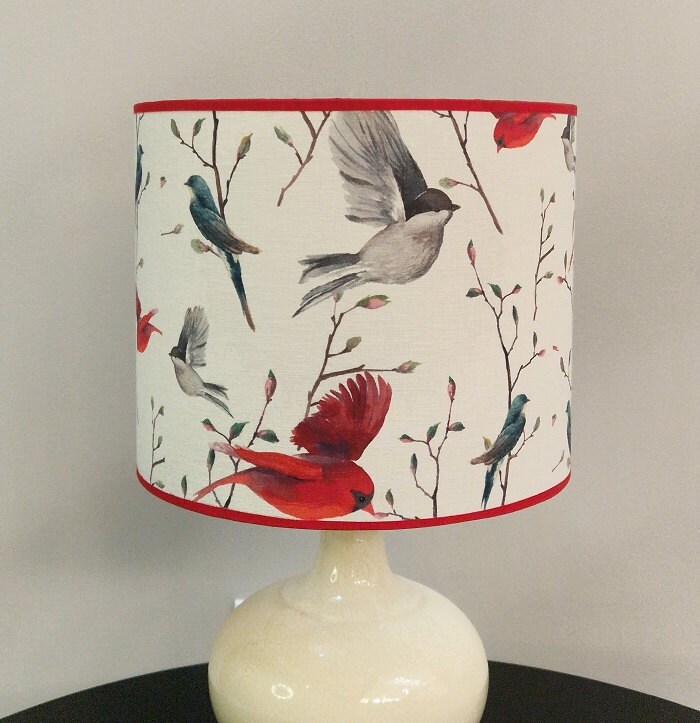 Bird-themed Handmade Lampshade with a fiery red ribbon - Luxury Decor for Home