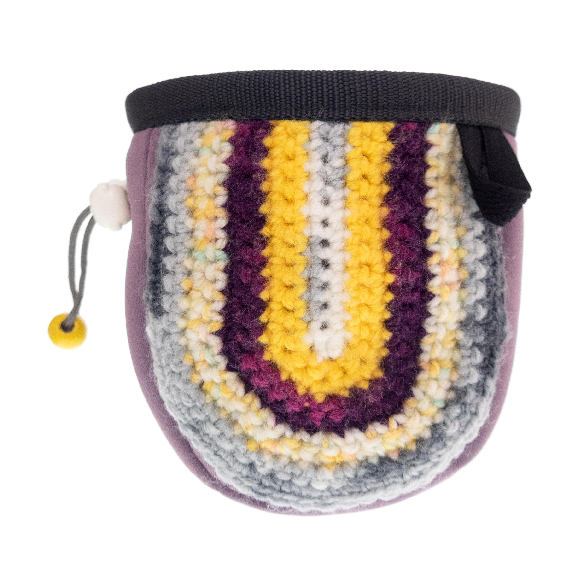 Hand knit climbing chalk bag for boys and girls by Nadamlada. Colorful striped chalk pouch designed for childrens rock climbing, bouldering, grip support, and climbing gifts.