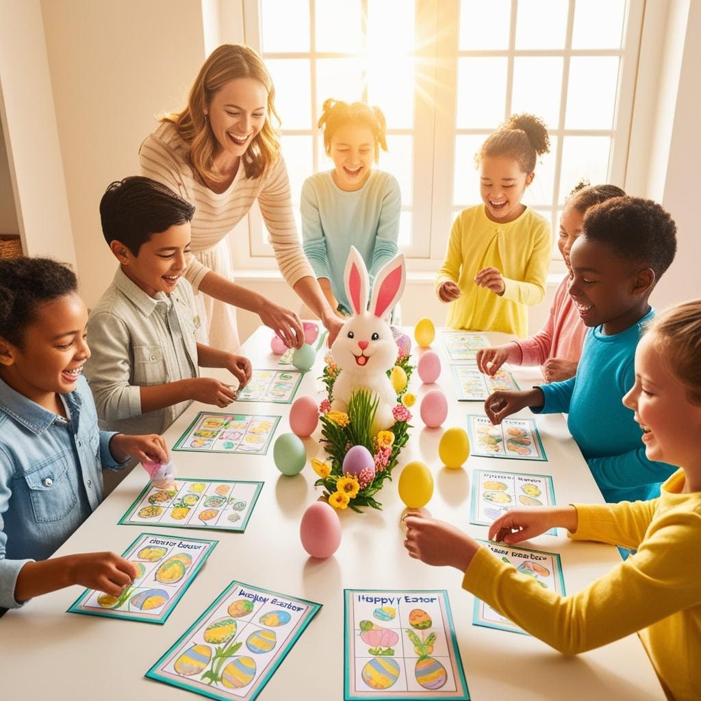 Children and adults playing printable Easter games at a table, bright natural light, laughter, spring decor.