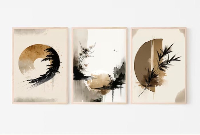 abstract moon in a set of three wabi sabi japanese style abstract
