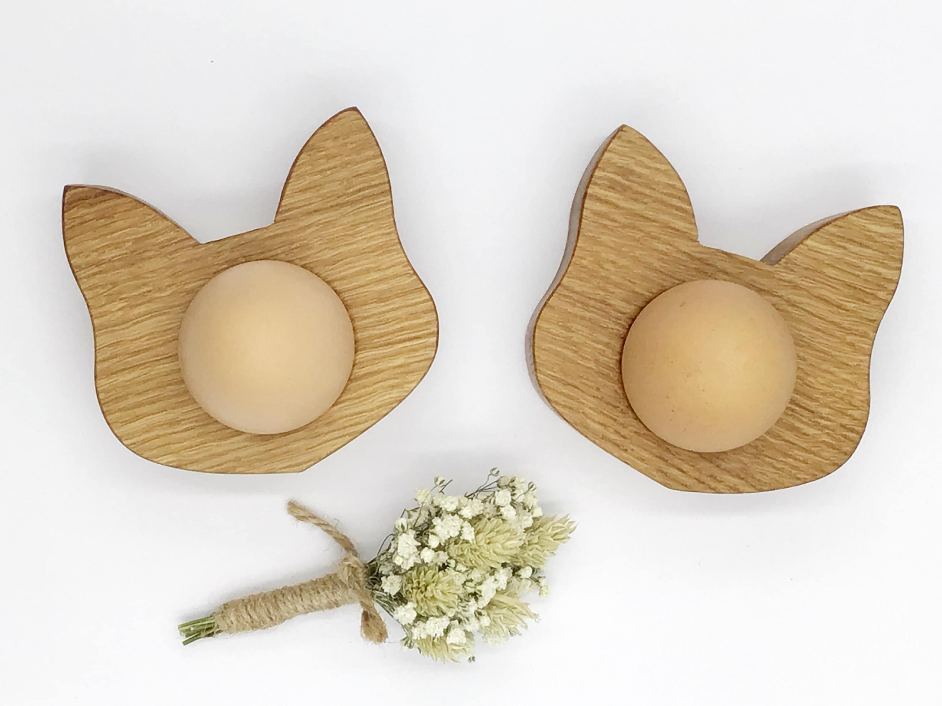 Natural Oak Wood Cat Face Easter Egg Cups