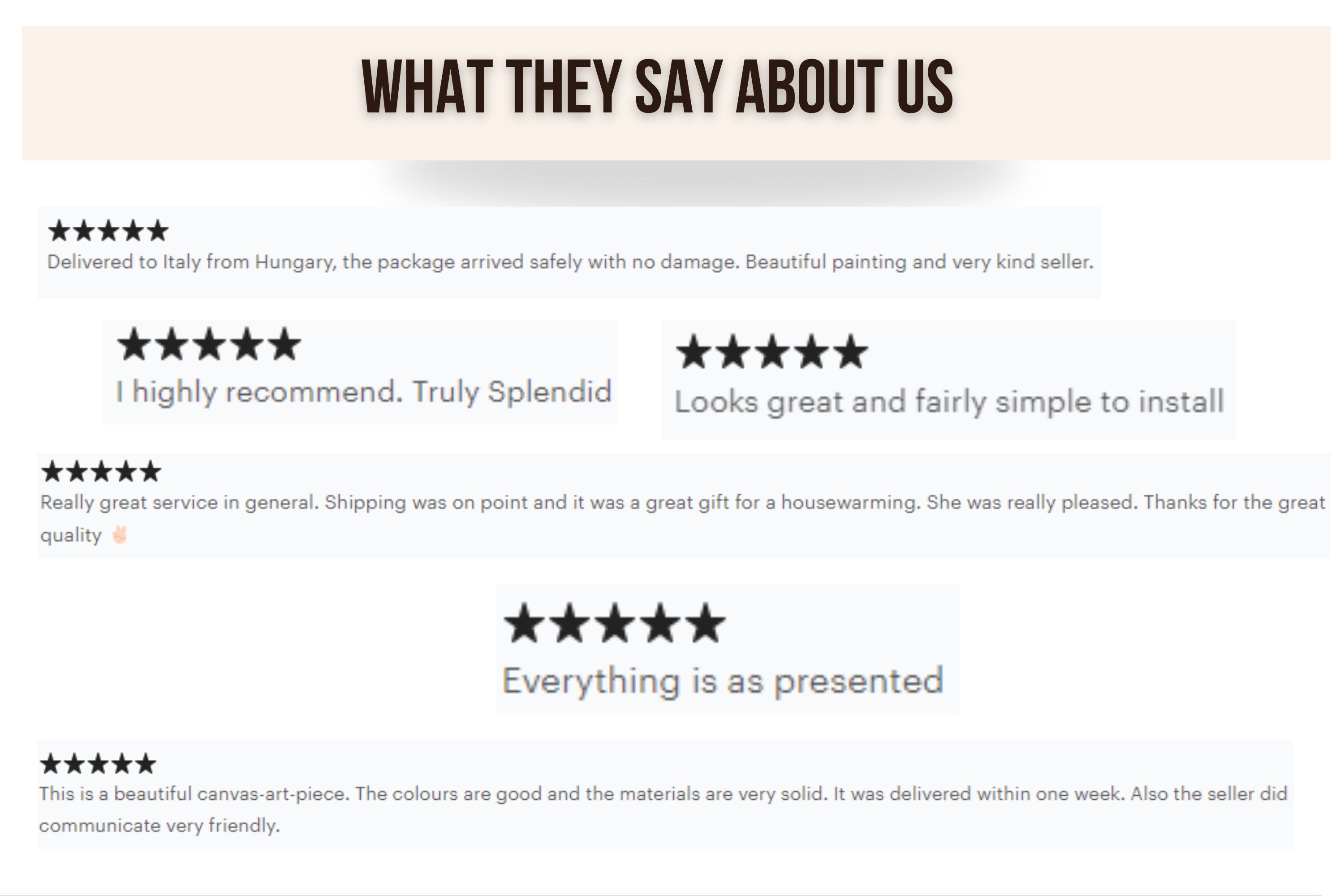 A collection of customer testimonials overlaying a background of beautiful wallpapers in various home settings.