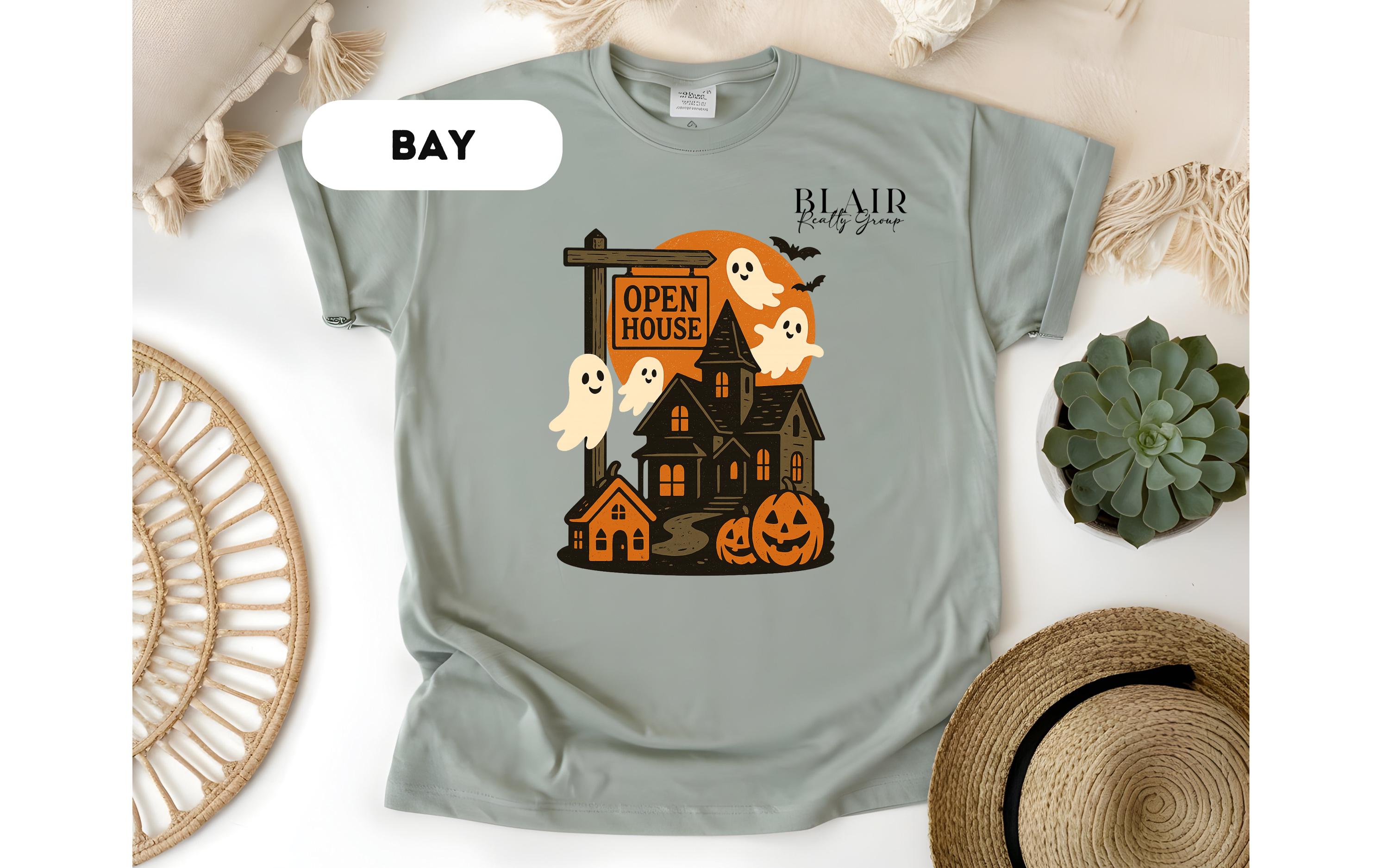 Custom Realtor Halloween open house shirt with ghosts, haunted house, and pumpkins.
