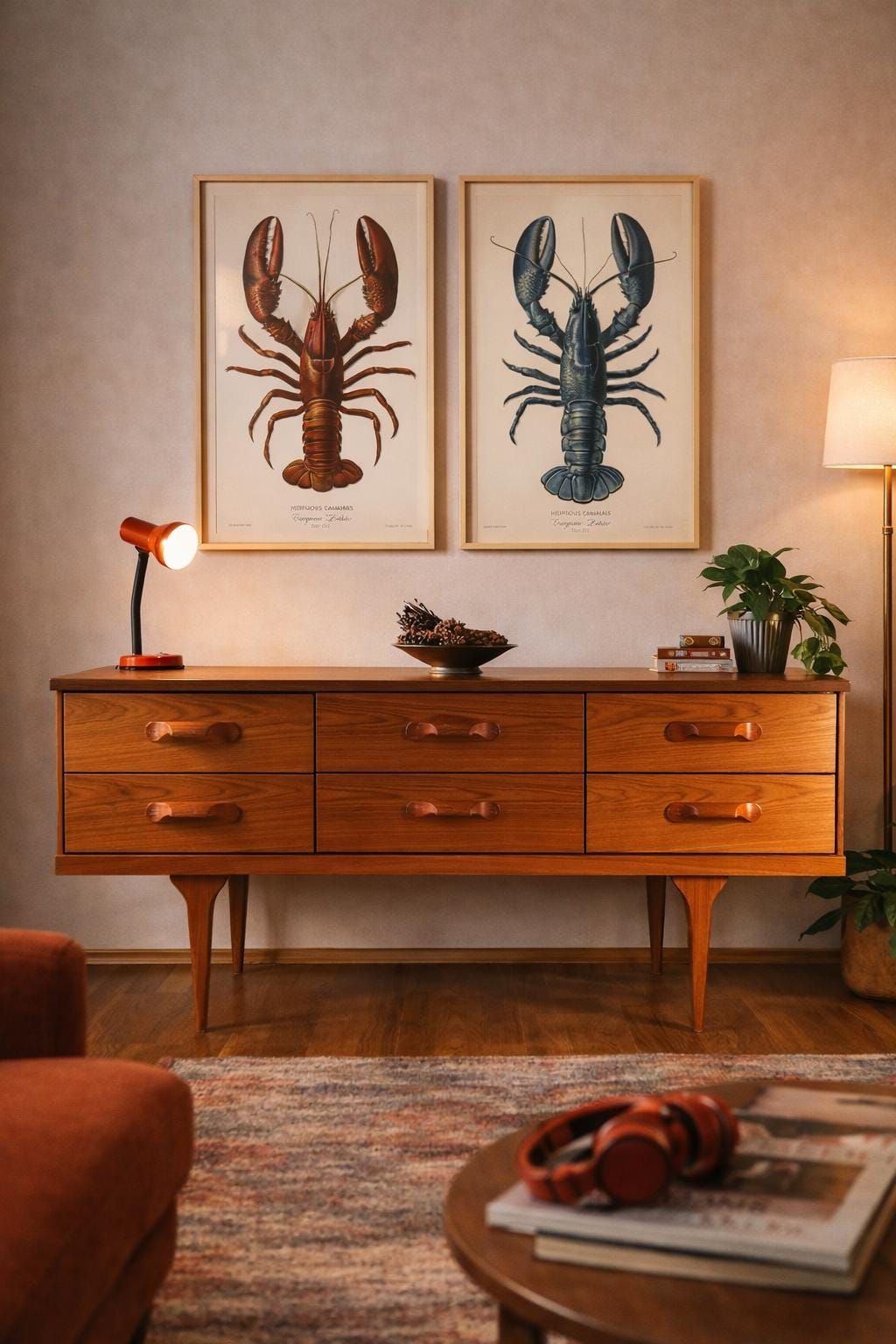 Avalon Dressing Table with Mirror paired with Lobster Artwork