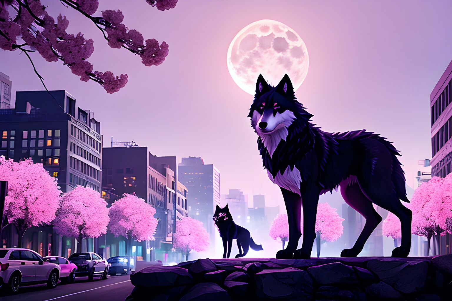Two wolves in a fantasy art street scene at night, one back and looking the other way, luminous moon hangs in the sky above.