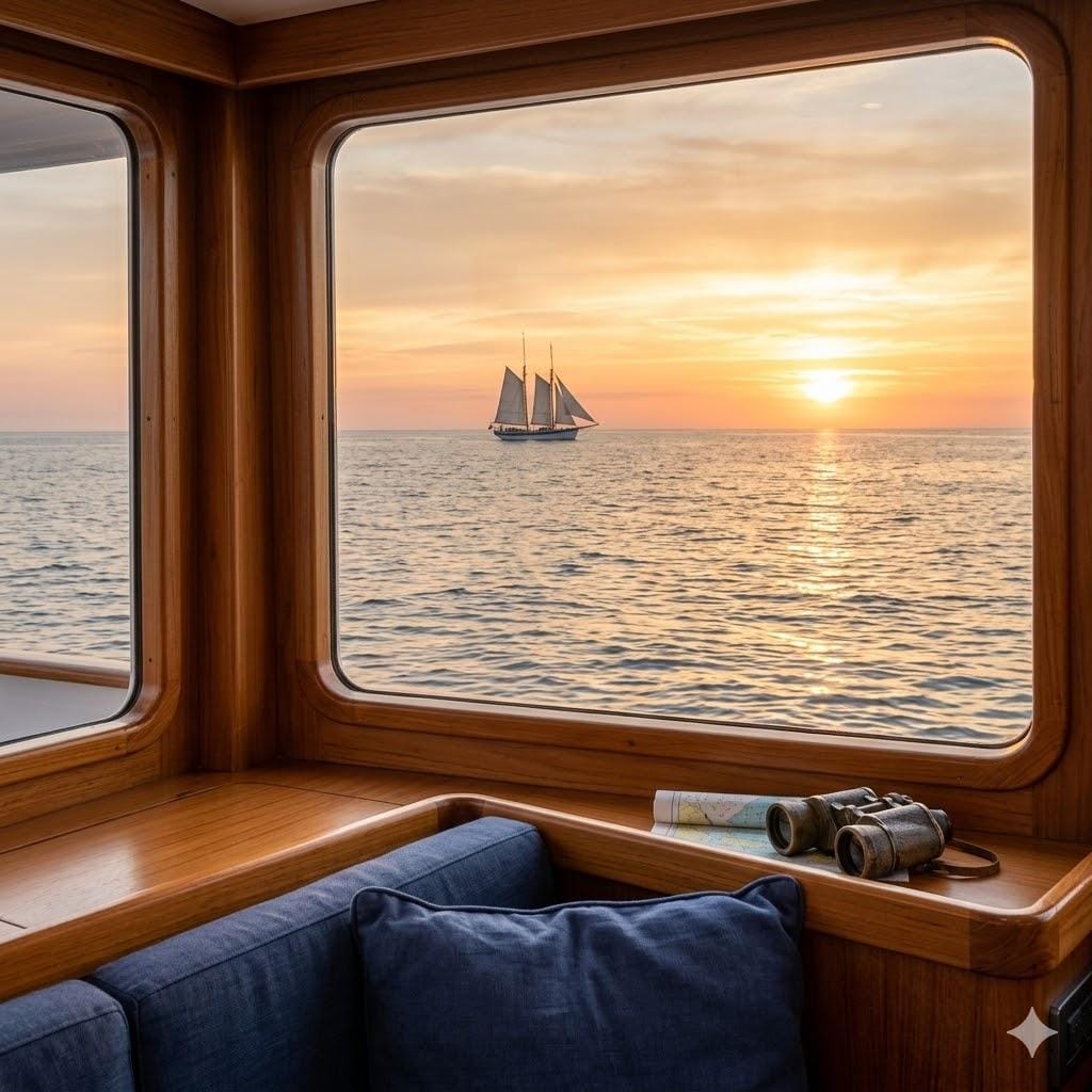 A view from inside a teak-lined sailboat cabin looking out through a large window at a vibrant sunset over a calm sea. A classic two-masted sailboat glides along the horizon. In the interior foreground, comfortable navy blue cushions sit below a window ledge holding a pair of binoculars resting on a map.