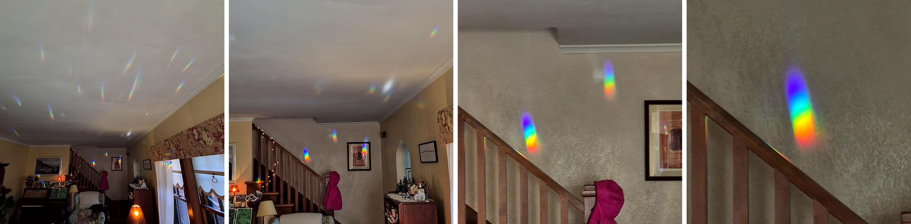 Four-photo sequence showing Prism Suncatcher rainbows projected across a room onto a wall approximately 30 feet away
