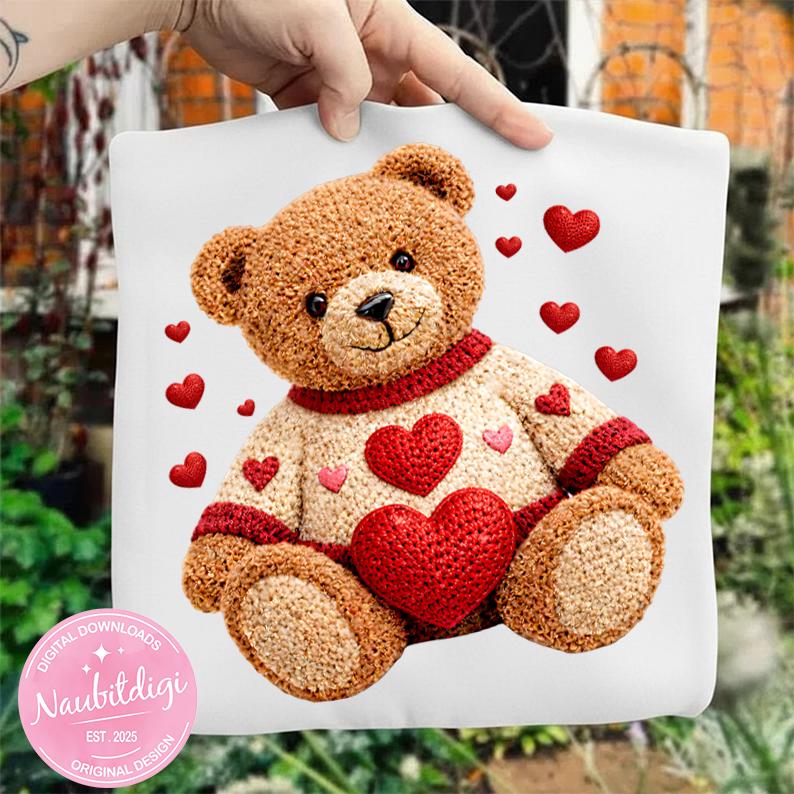 Valentine’s Day Crochet Teddy Bear PNG – Love Heart Bear Sublimation Design (Digital Download)