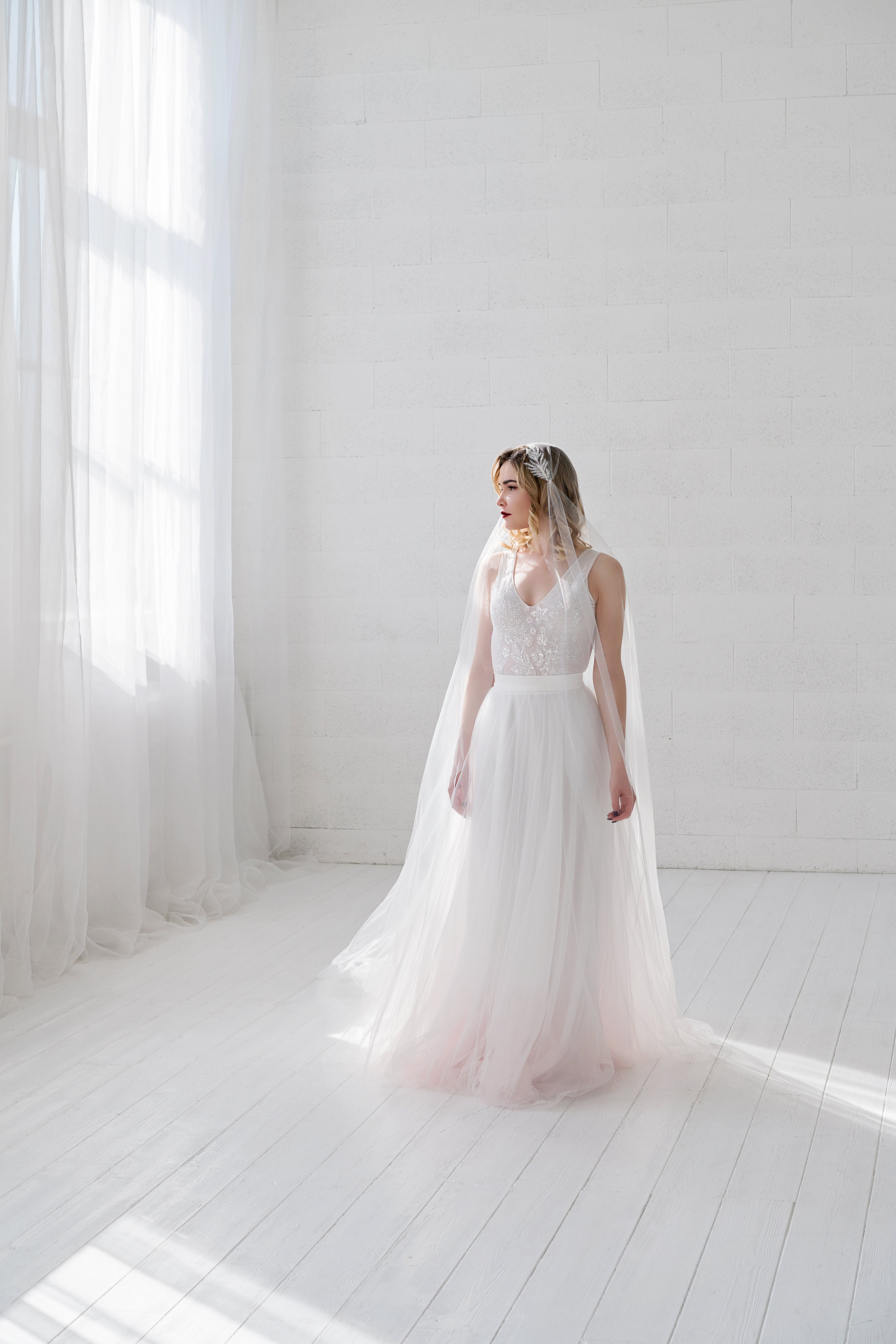 Helene skirt and veil made in italian tulle (ivory and a deep blush dip dye on the skirt)