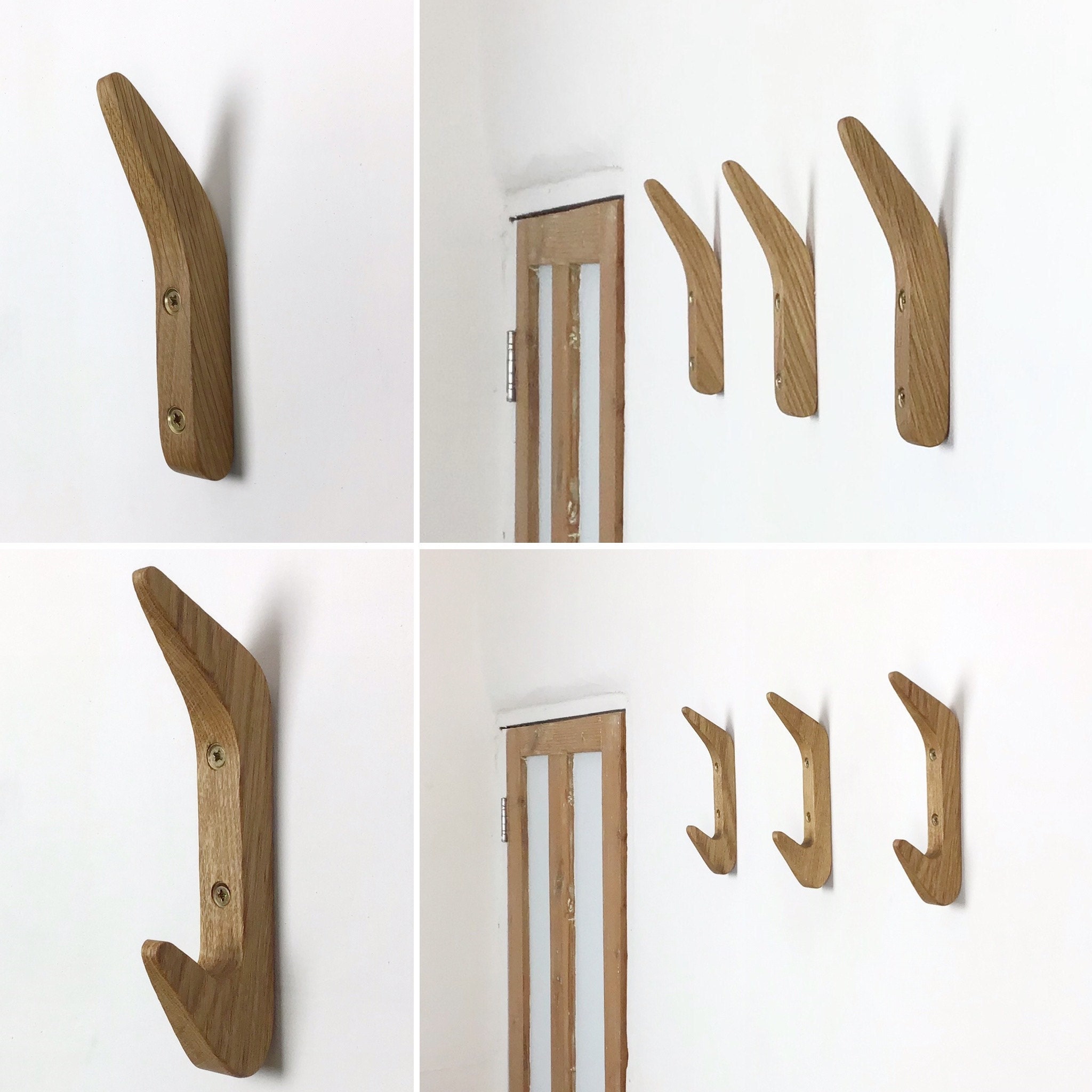Gorlech coat hooks in light and dark oak wood, handmade in West Wales, UK