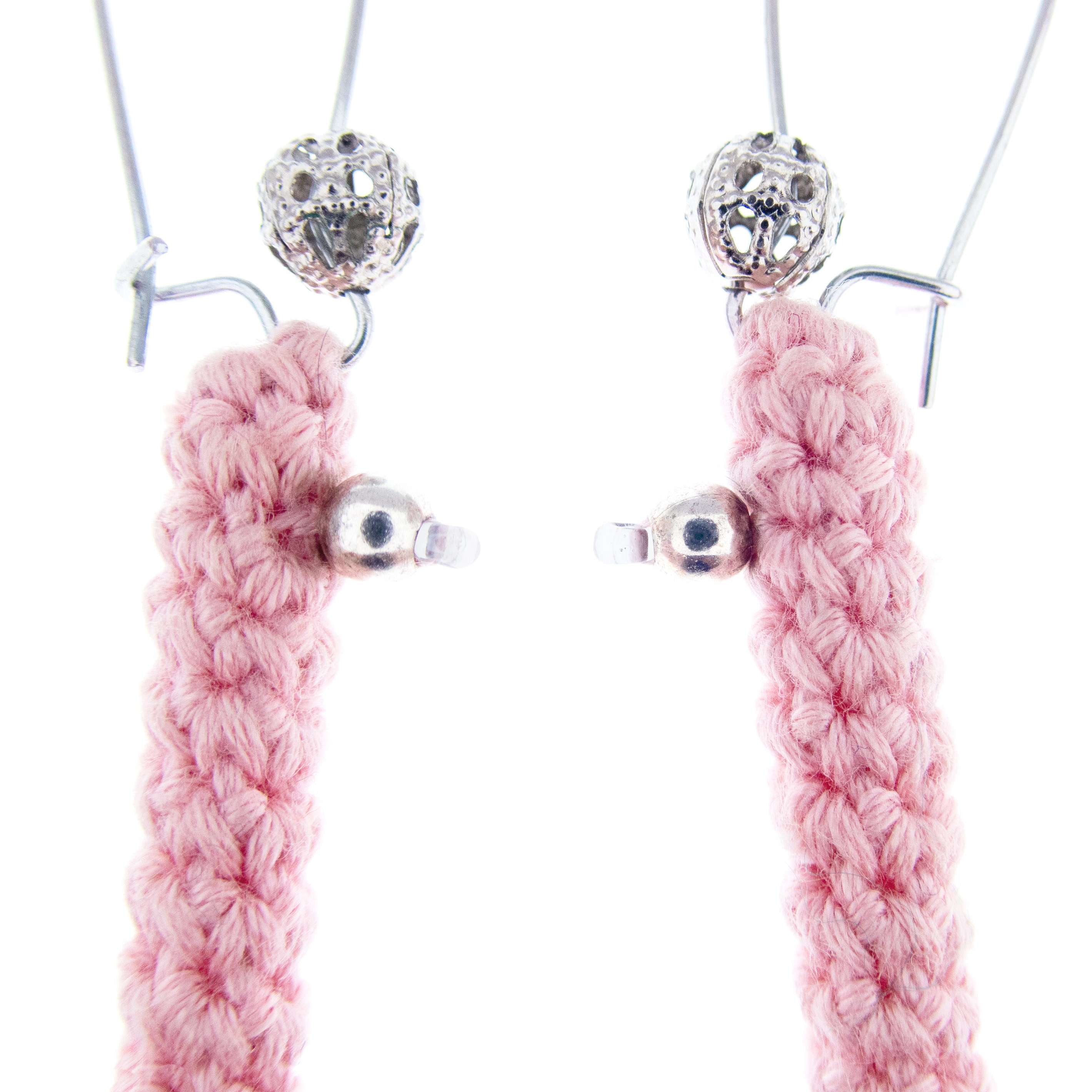 handmade pink crochet bar earrings dangle