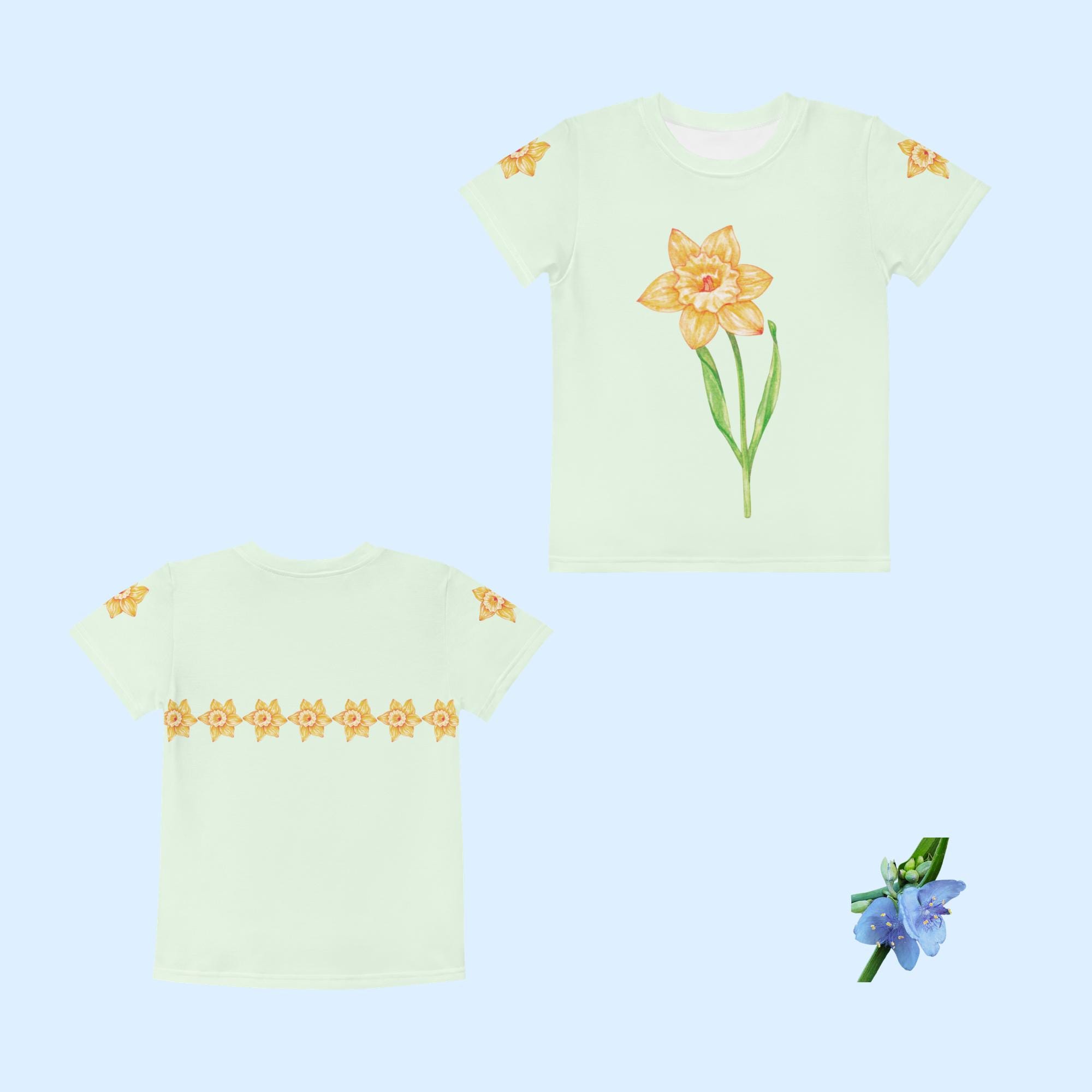 Kids Cotton Crew Neck T-Shirt with Daffodil Flower Graphic