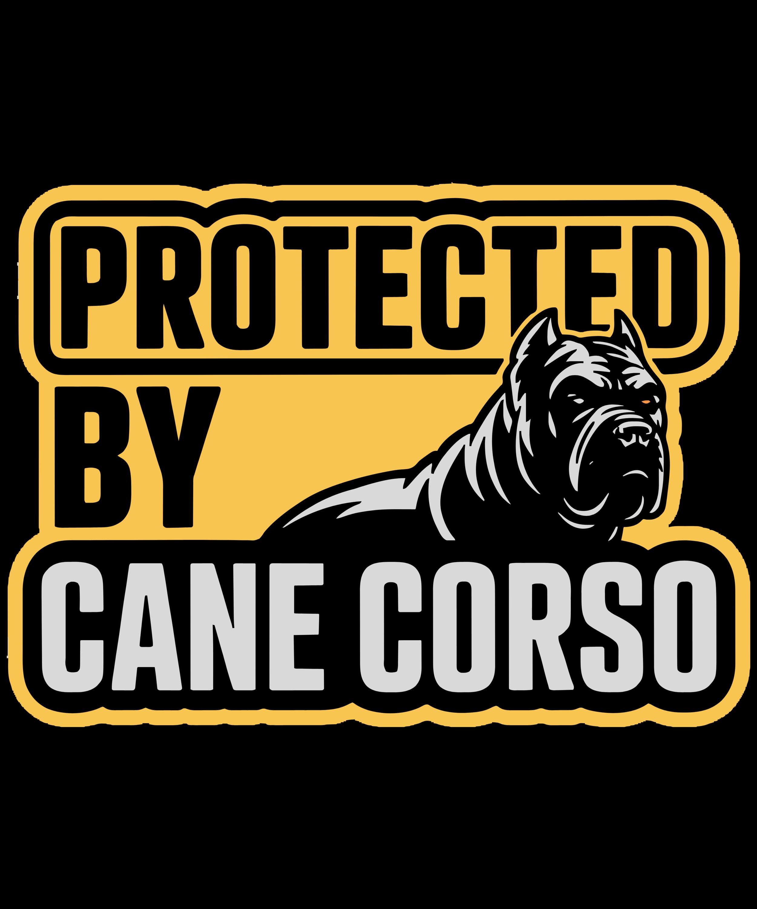 Protected By Cane Corso warning-style dog decal with bold yellow and black security design