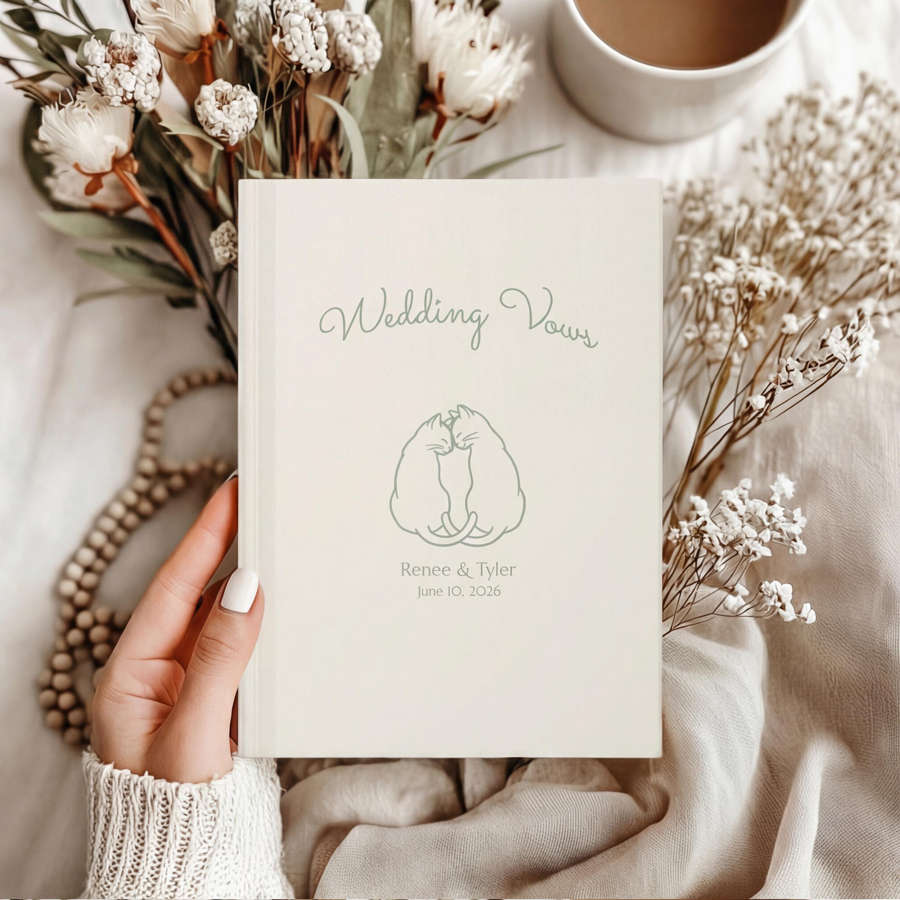Minimalist wedding vows journal with loving cat couple, custom names and date