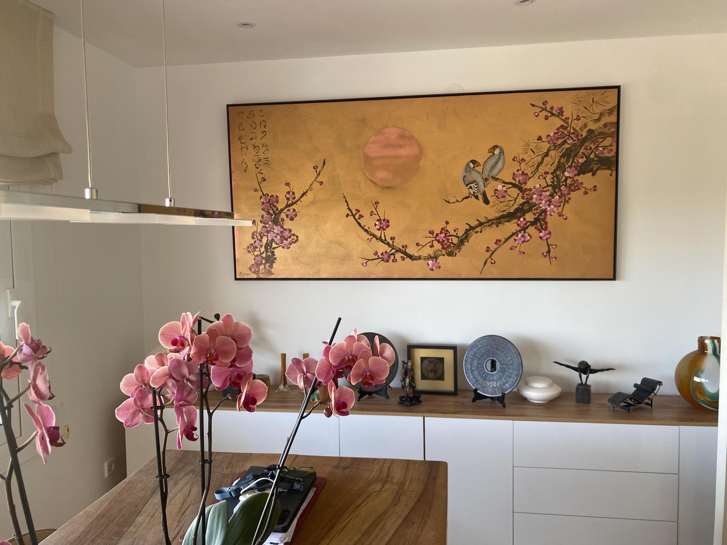 Bronze japandi painting in interior