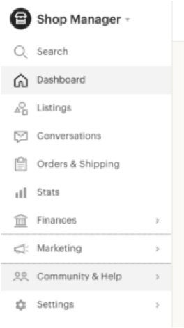 shop manager menu on Etsy