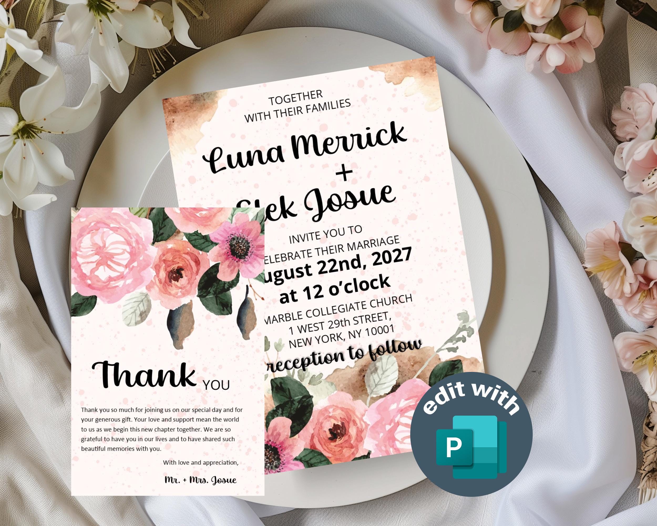 Elegant floral wedding invitation and thank you card templates in soft pastel tones. Elegant floral wedding template bundle for brides and event planners.