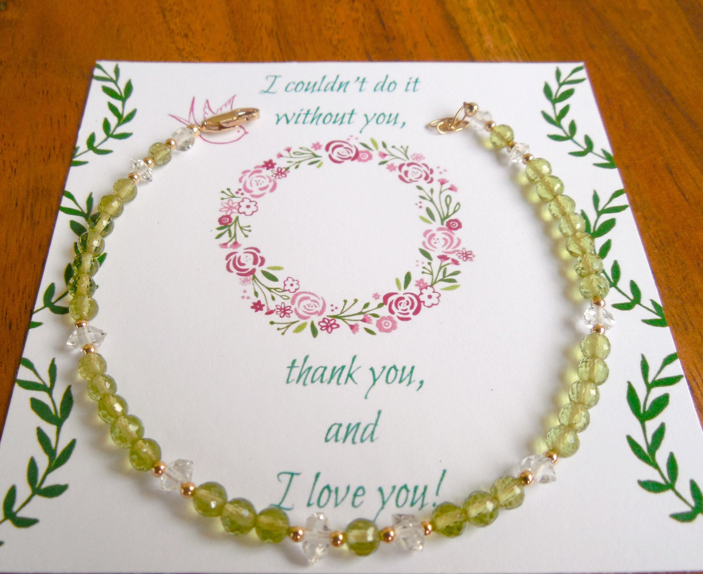 Peridot bracelet, perfect bridesmaid thank you gifts.