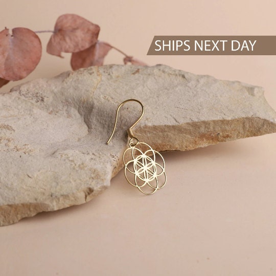 Sacred Geometry Dangle Gold Wedding Earrings, Flower of Life Earrings, Seed of Life Earrings, Birthday Gifts for Her