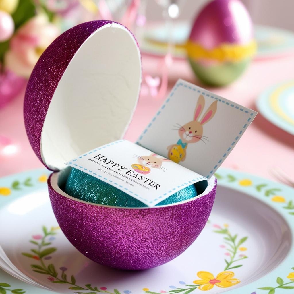 Close-up of a glittery Easter egg opened to reveal a printable coupon inside on a party table.