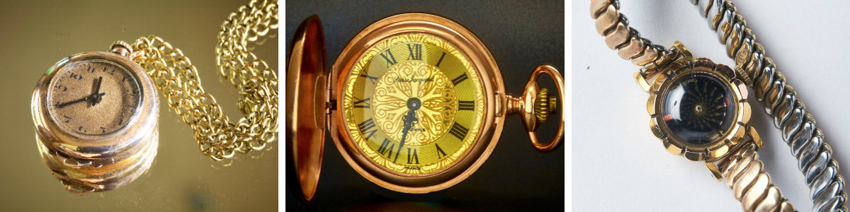 gold pendant watch, gold pocket watch, gold Ernest Borel wristwatch