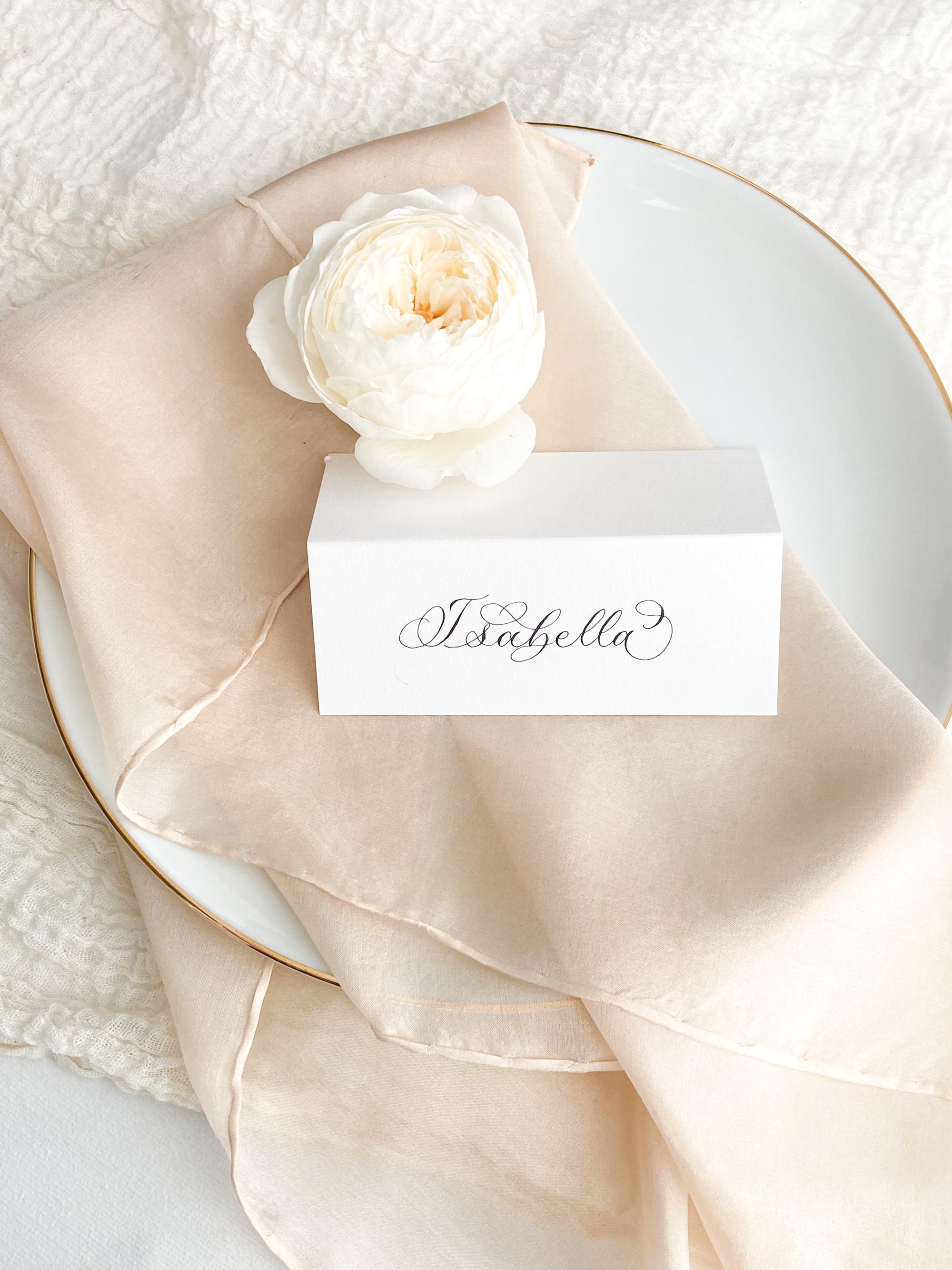 Calligraphy wedding place names on tent folded white card