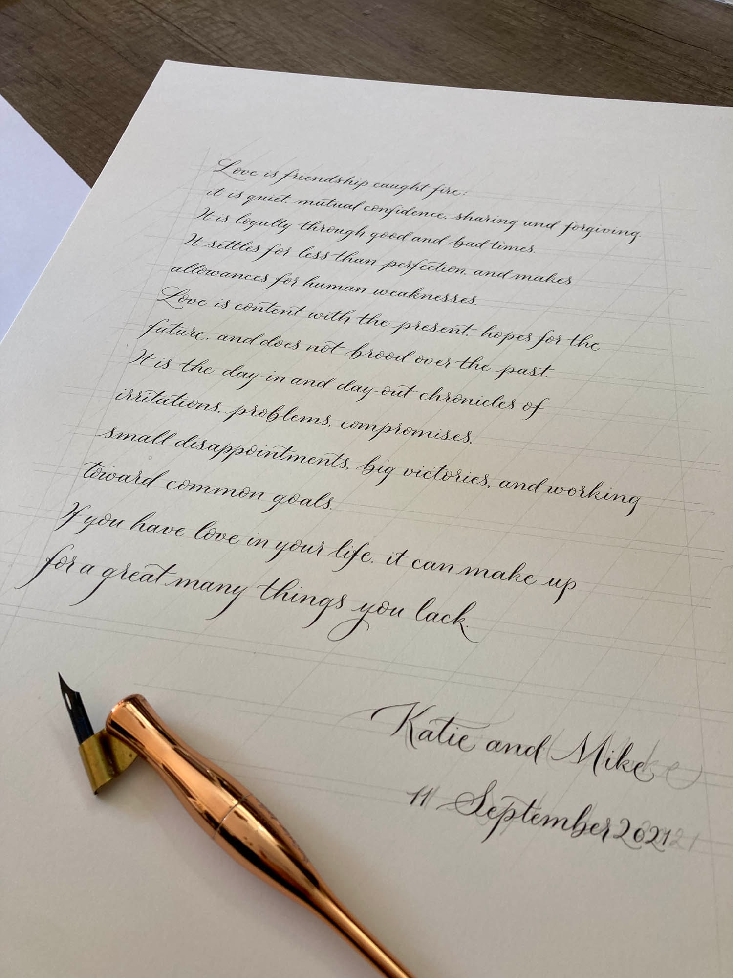 Modern calligraphy in a simple italic style with pointed pen