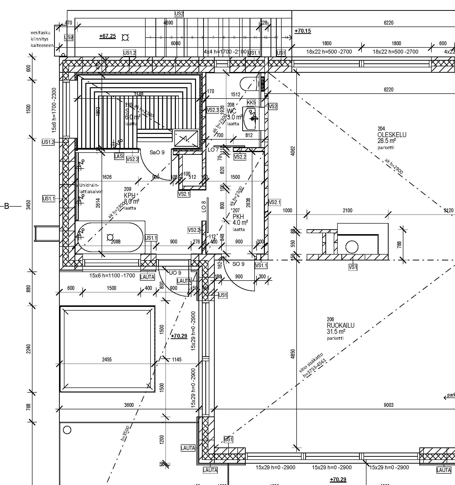 Detailed architectural construction drawing of a house floor plan with dimensions and technical notes