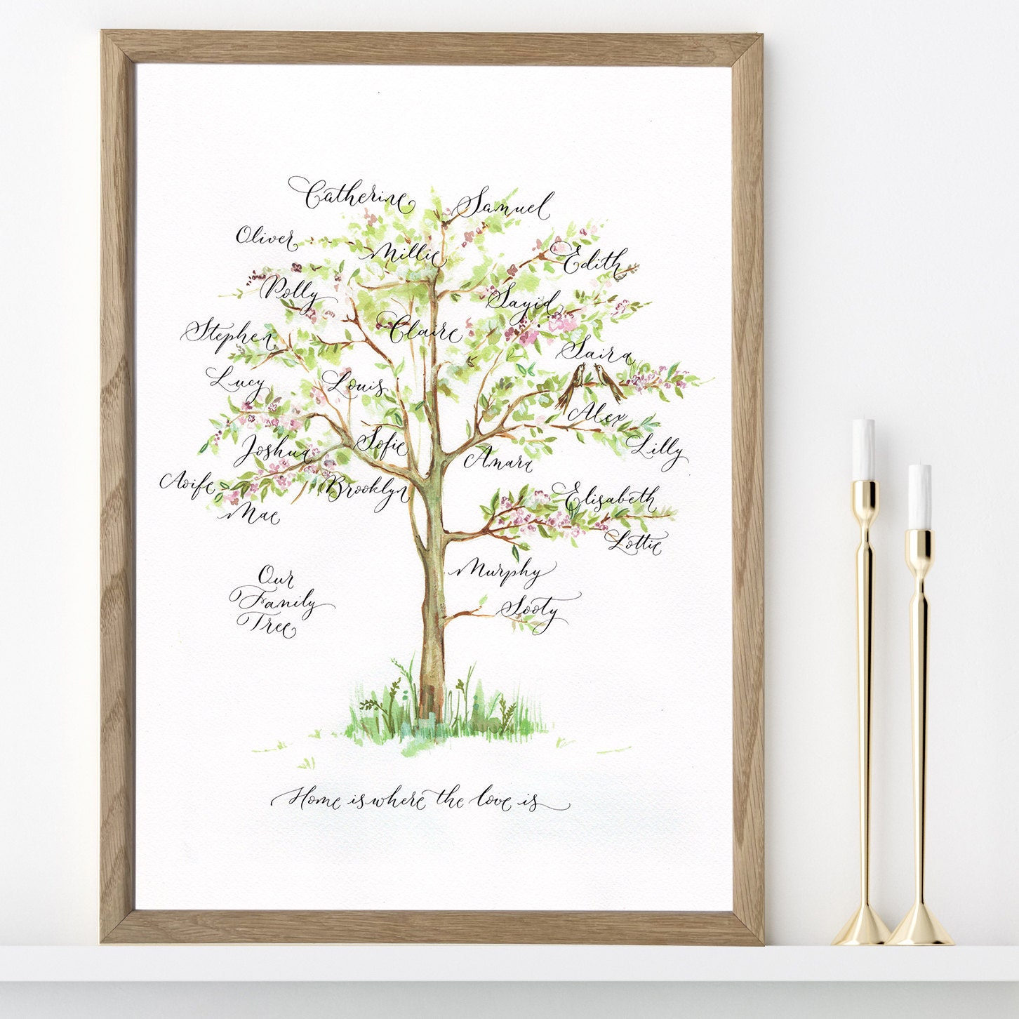 Framed family tree artwork in a modern calligraphy style