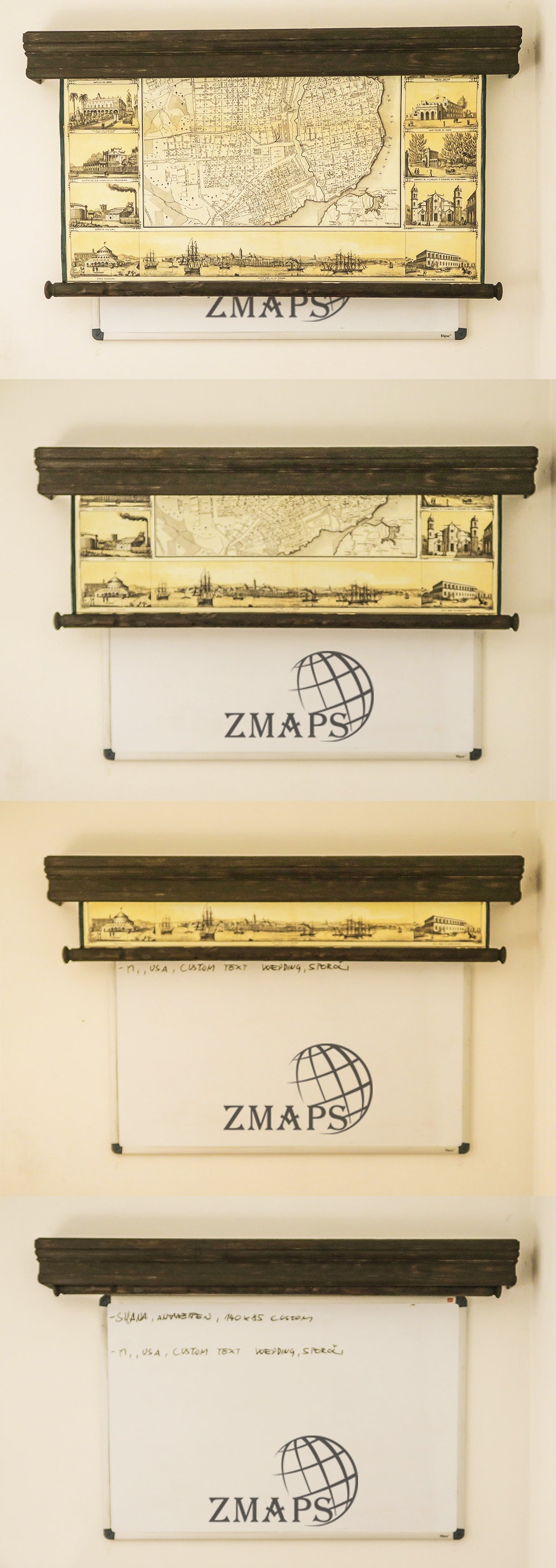 Hide away your large white board in your office. Simply pull down coll world map on canvas, or any other map of your favorite place.
