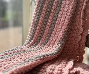 Rosy Cloud gray and pink striped crochet baby blanket