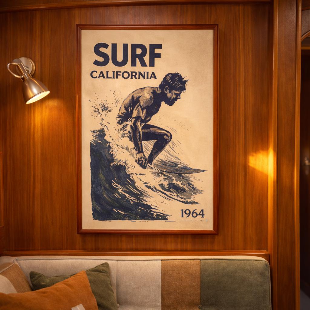 A surf poster inside a yacht lounge, on a teak wall