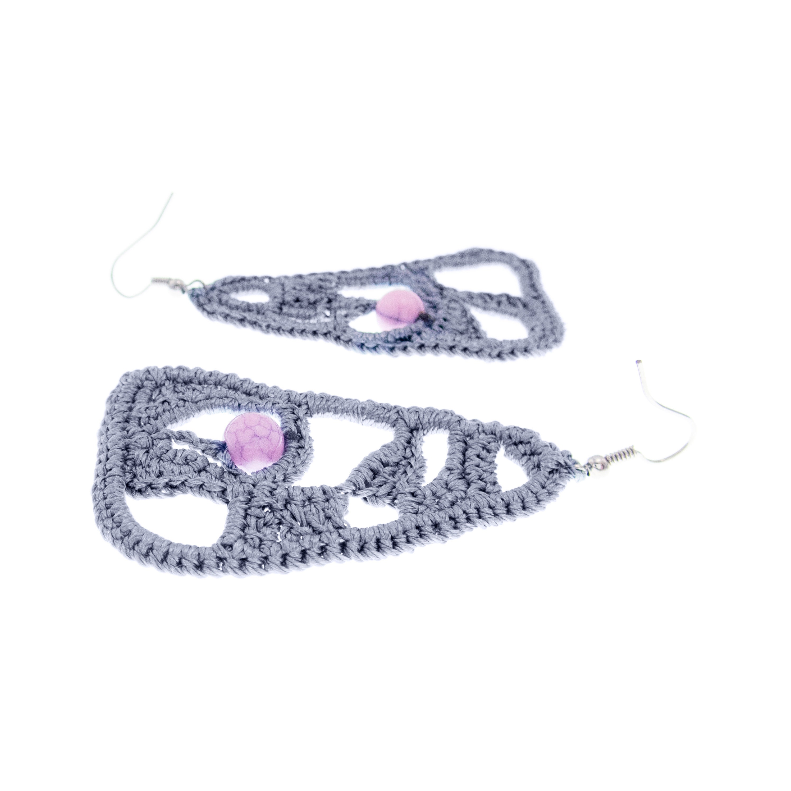 handmade lace earrings for a wedding with grey freeform triangles and pale pink bead