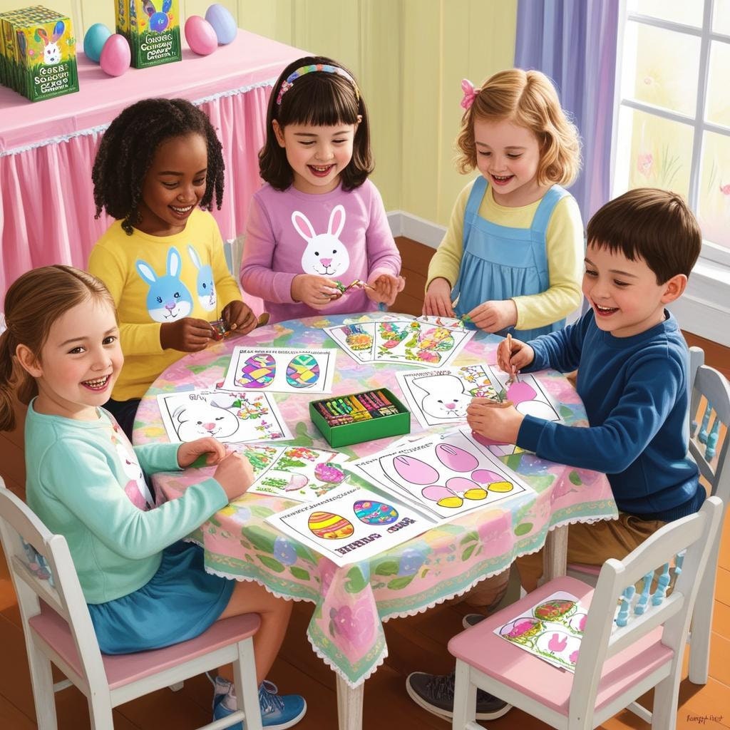Kids doing Easter crafts at a small table with printable coloring sheets, crayons, and bunny stickers.