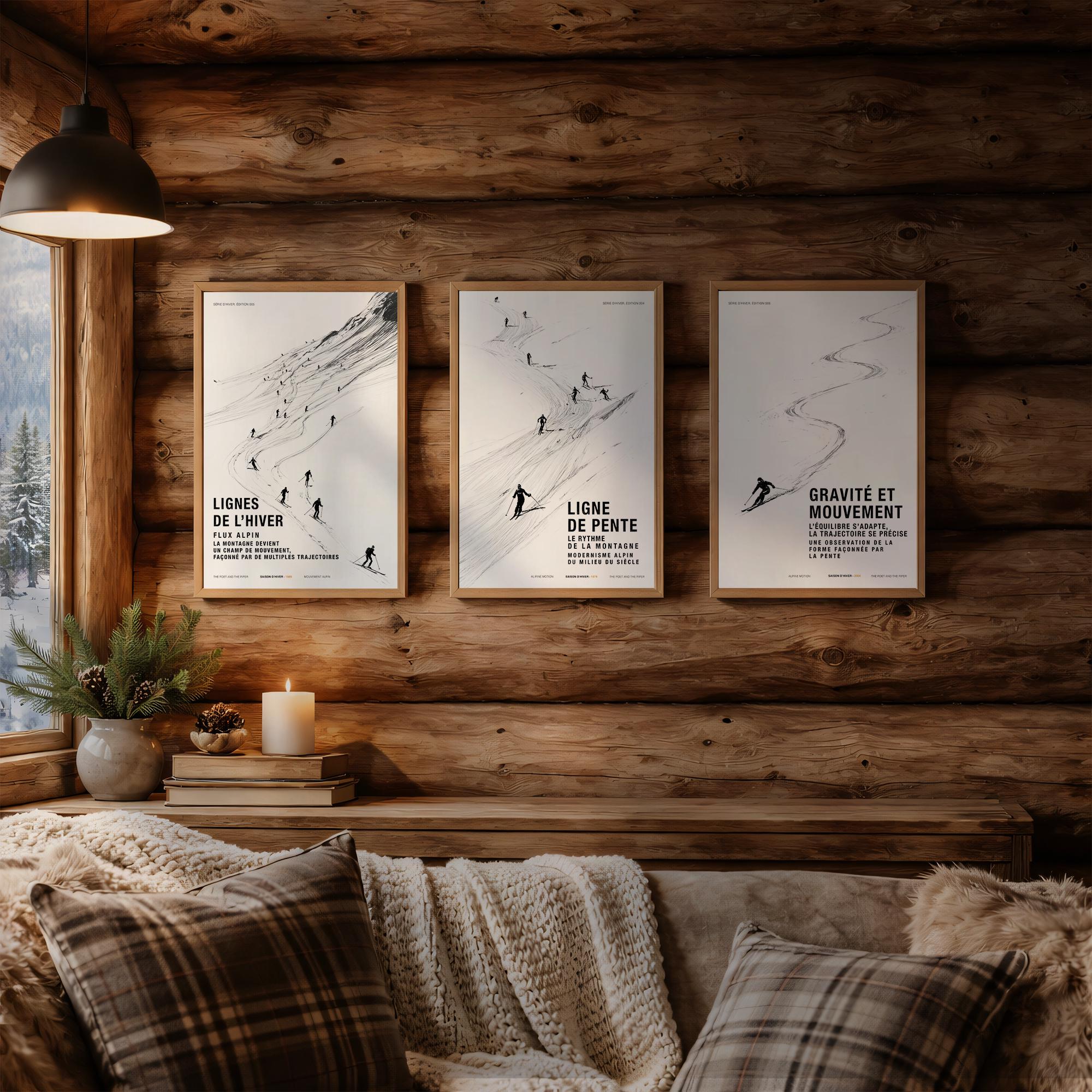 Three minimalist posters on the cabin of an alpine chalet