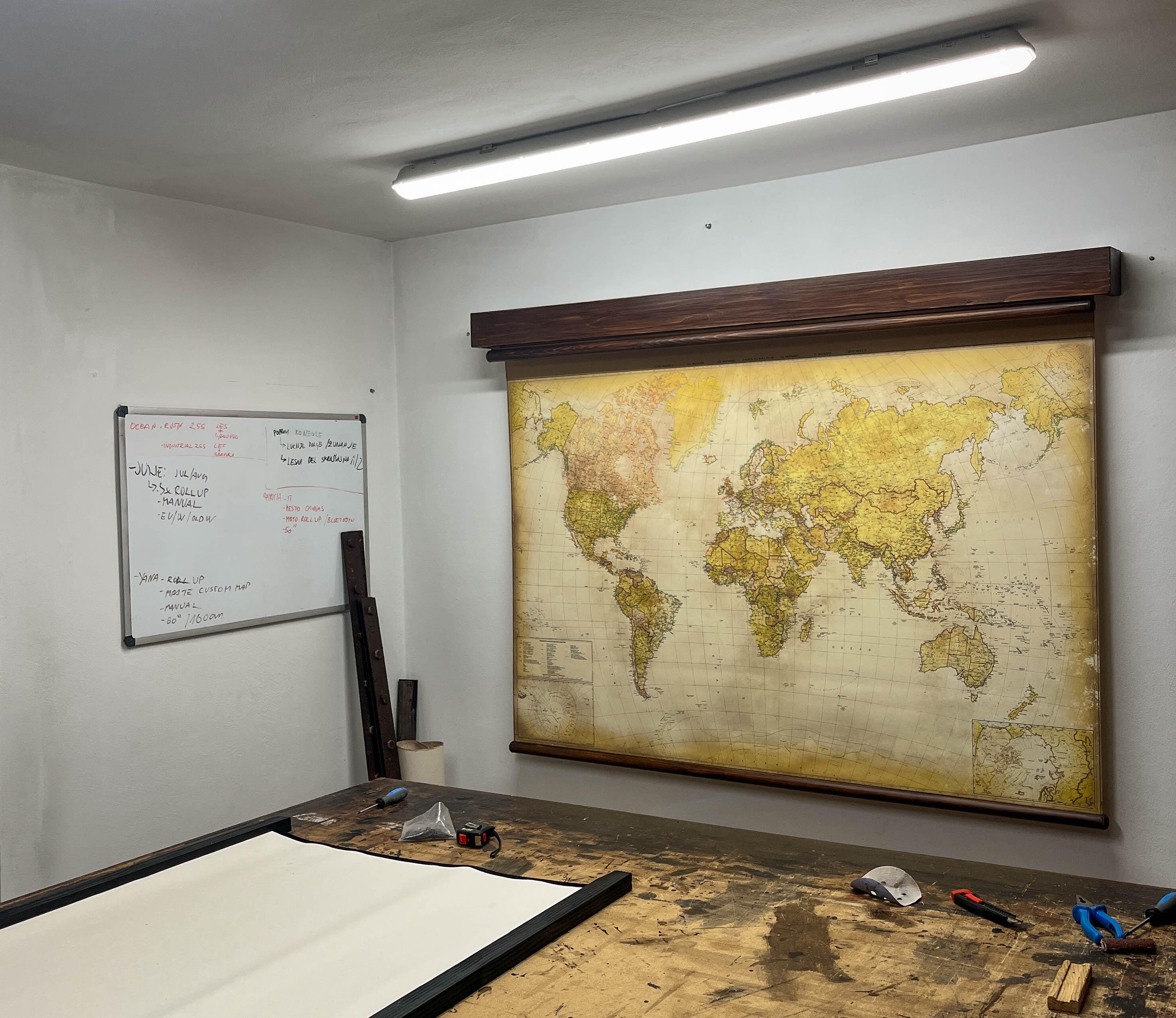 Classroom pull down maps for your home. Motorized or manula roll up systems with fine vintage maps on canvas.